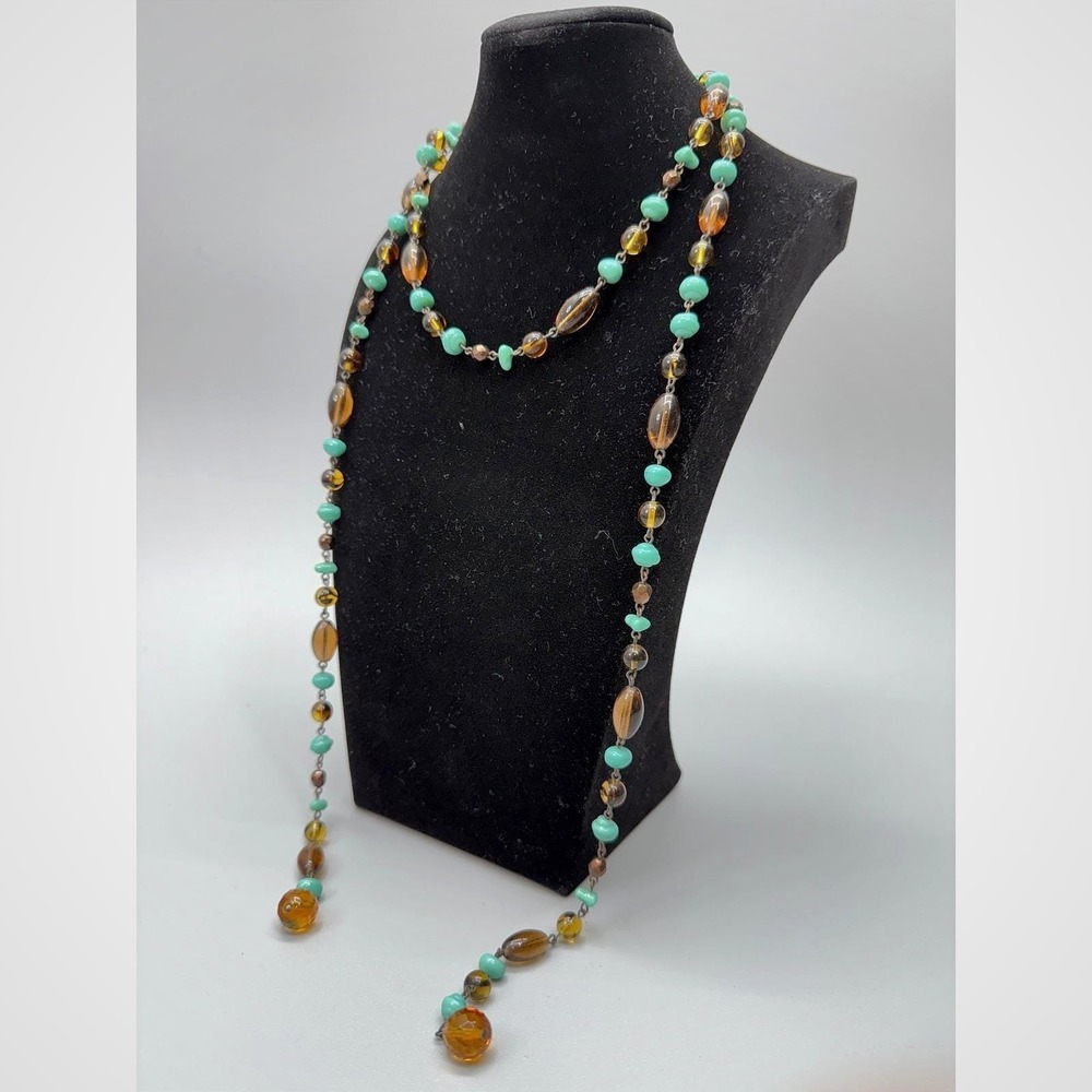 Vintage Glass Lariat Necklace‎ 47" Flapper Extra Long Linked Beads Crystal Ends